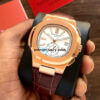 rosegold nautilus leather white dial