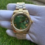 Rolex Day Date Gold Green Roman Dial 41MM President Fluted Bezel Men's Watch